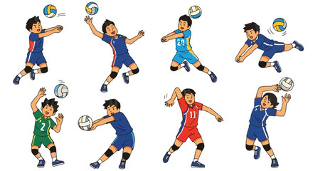 flat style illustration set of volleyball players in various action poses like serving, setting, spiking, and receiving, showcasing teamwork and sports activity