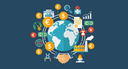 Fototapeta premium Global business partnership visualized with currency symbols, a handshake, and industry icons circling the Earth.