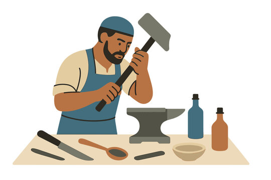 blacksmith hammering anvil, blue apron, flat style clip art preview