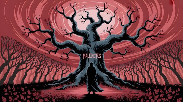 Gnarled ancient tree stands dominantly amidst a surreal swirling red sky and barren forest