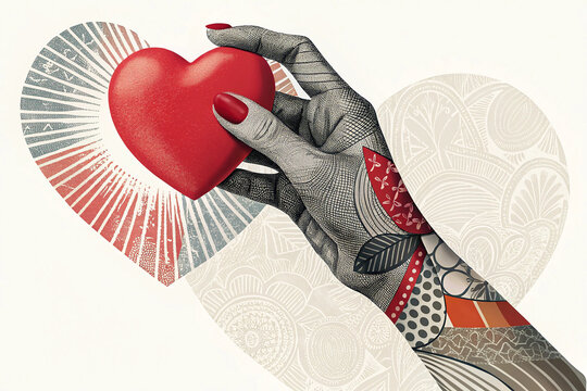 hand gently holding a red heart, symbolizing love, care, kindness, and support in a modern, friendly style.