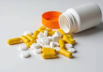Pills spilled from a bottle isolated on white background