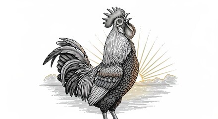 A rooster crowing at sunrise, detailed engraved lines