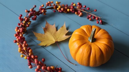 Cozy autumn scene featuring a small pumpkin fallen leaf and berry garland on blue wood