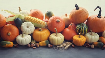 Abundant autumn harvest display featuring various pumpkins gourds and corn