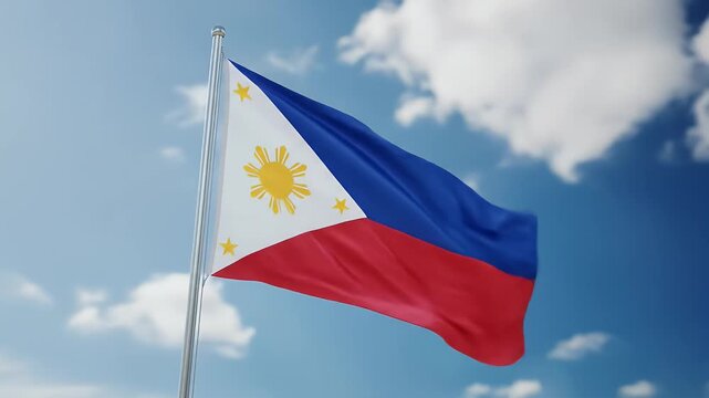 Philippine flag billowing proudly against a vibrant blue sky, punctuated by fluffy white clouds. - Powered by Adobe
