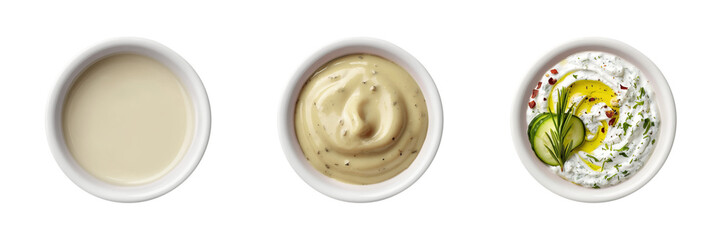 Bechamel, dijon mustard, tzatziki sauce in white ceramic bowl transparent PNG cutout set bundle, isolated background. Vibrant colorful flavor cue, culinary food condiment