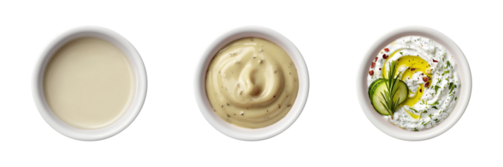 Bechamel, dijon mustard, tzatziki sauce in white ceramic bowl transparent PNG cutout set bundle, isolated background. Vibrant colorful flavor cue, culinary food condiment