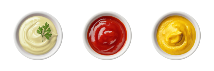 mayonnaise, ketchup, mustard sauce in white ceramic bowl transparent PNG cutout set bundle, isolated background. Vibrant colorful flavor cue, culinary food condiment