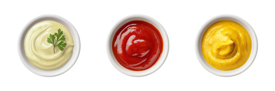mayonnaise, ketchup, mustard sauce in white ceramic bowl transparent PNG cutout set bundle, isolated background. Vibrant colorful flavor cue, culinary food condiment