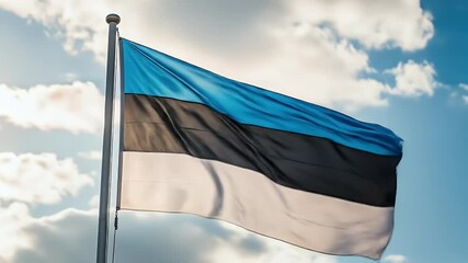 Estonian flag billowing in the wind against a partly cloudy sky.