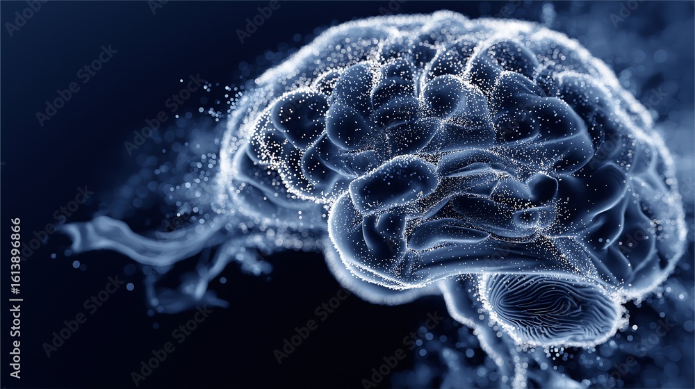 Poster an artistic rendering of a human brain, the central hub of thought and emotion, visualized in a semi