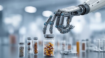 A robotic arm meticulously selects a vial of pills, embodying the innovative fusion of technology and healthcare in a futuristic laboratory setting.
