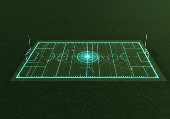 A futuristic digital football field with glowing lines and a central display