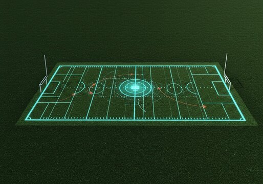 A futuristic digital football field with glowing lines and a central display