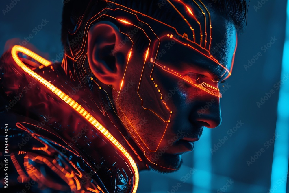 Aufkleber portrait of a cyberpunk man with glowing implants and neon lights in a futuristic setting