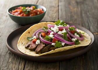 A flavorful steak taco is displayed on a rustic wooden plate, accompanied by a bowl of salsa, offering a delightful mexican culinary experience