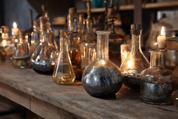 A mystical apothecary scene with glowing vials, exuding a sense of history and the allure of alchemic exploration. The dimly lit setting enhances the atmosphere.