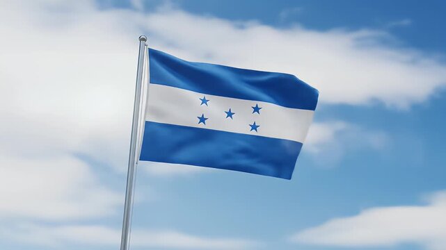 Honduran flag billowing proudly against a bright blue sky, punctuated by fluffy white clouds.