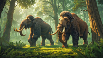 Two enormous woolly mammoths are peacefully walking through a lush, prehistoric forest, their massive tusks curving gracefully as they navigate the sun-dappled terrain