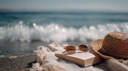   A hat, sunglasses, and book on a towel by the beach with the ocean and sky as the backdrop