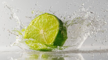 A vibrant lime bursts from the water, creating a refreshing splash of citrusy freshness in a dynamic, high-speed shot.