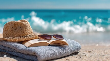   A hat, sunglasses, and an open book on a towel on the sand of a beach with the ocean as the backdrop