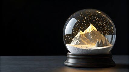 A glowing mountain peak captured inside a glass snow globe on a dark surface, set against a simple black background with copy space.