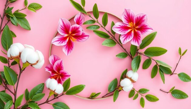 Pastel pink background, round frame of alstroemeria, cotton, green leaves, blossom, background - Powered by Adobe