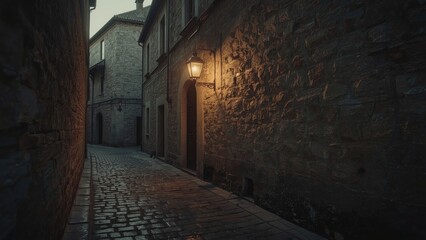 Fototapeta premium A quiet, cobblestone alleyway in an old town, illuminated by the warm glow of a single streetlamp.