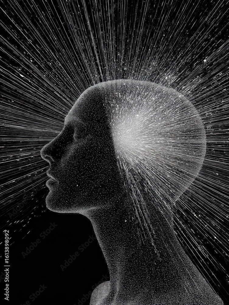 Poster radiating energy from head symbolizes confidence and intellect with clear upper section in abstract 