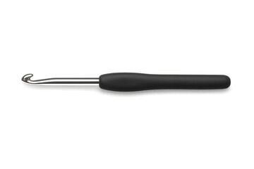 Black crochet hook lying horizontally, showcasing smooth metallic surface and precision crafting against clean white backdrop