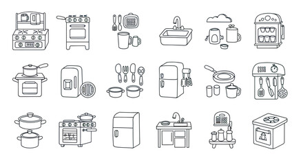 Collection of Line Art Kitchen Appliances and Utensils