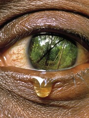 A close-up macro shot reveals a single, tear-filled eye, reflecting a vibrant image of a forest landscape, expressing a range of emotions, and capturing the depth of the human experience.