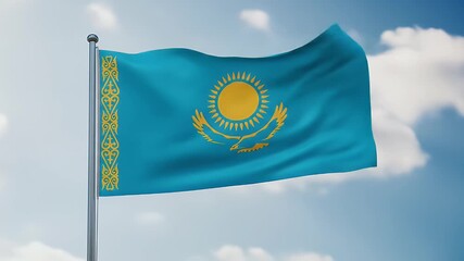 The national flag of Kazakhstan waving against a bright, cloudy sky. - Powered by Adobe