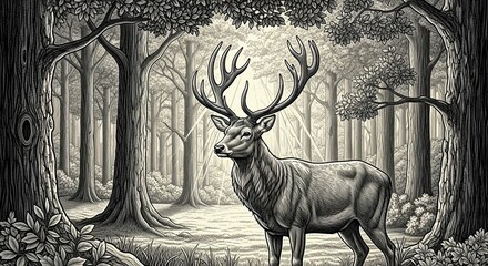  An engraved deer with elegant antlers in a forest setting 