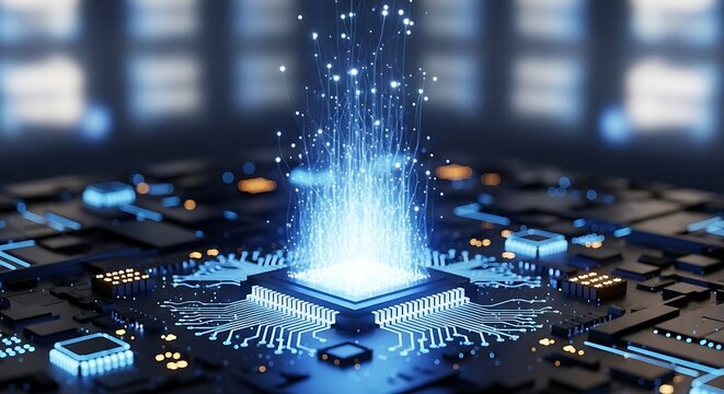 Ai generated image of advanced microchip processor with glowing light effect representing cutting edge technology and innovation