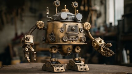 A meticulously crafted steampunk robot comes to life. A masterfully designed automaton featuring intricate gears, polished brass, and an antique aesthetic.