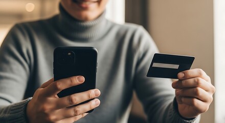 Ai generated image of a man is holding a mobile phone and a credit card for online shopping and mobile banking