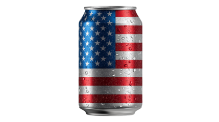 Aluminum Beverage Can with USA Flag Design and Water Droplets

