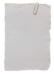 Empty note paper, wedding mockup with golden paper clip. Message reminder A6 card template isolated on transparent background. White grunge ripped cotton paper texture. Business stationery object. 