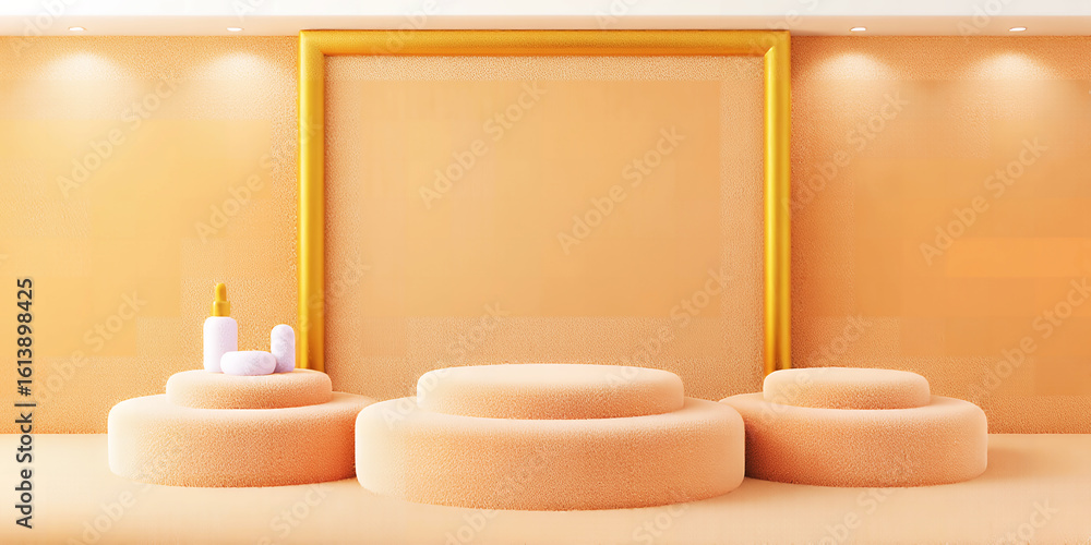 Poster three peach podiums display product with gold frame and peach wall in a studio setting light