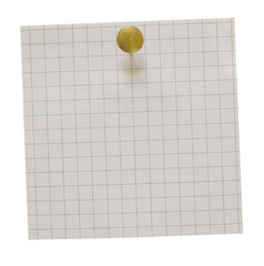 Empty square note paper mockup. Message reminder card template isolated on transparent background. Checkered beige white paper texture. Golden pin, pushpin. Cut out business office stationery object. 