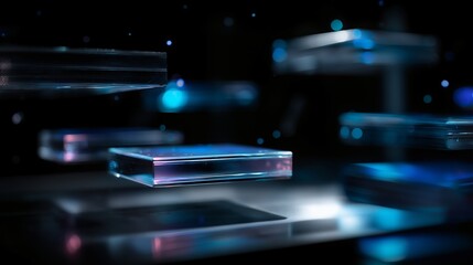 Floating translucent blocks, a study in precision and ethereal beauty, arranged against a dark, futuristic backdrop. This artful composition highlights the interplay of light and form.