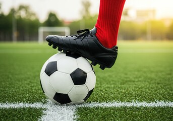 Fototapeta premium A soccer players foot in a black cleat rests on a soccer ball on the field