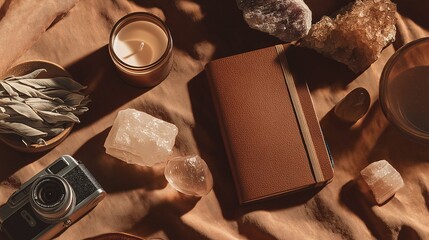 Aesthetic workspace featuring a leather journal, crystals, dried sage, vintage camera, and scented candle, embodying a sense of calm, tranquility, and mindful intention.