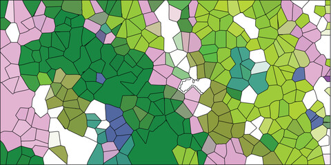 Abstract mosaic pattern in green pink and blue tones with contrasting black outlines suitable for decorative backgrounds and digital designs