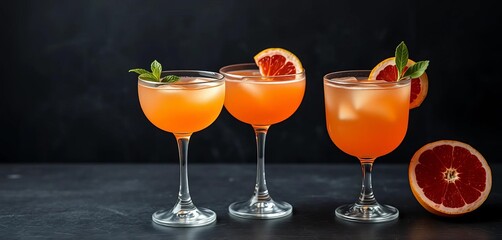Fototapeta premium Three grapefruit cocktails in glasses on dark background; copy space, grapefruit, bar
