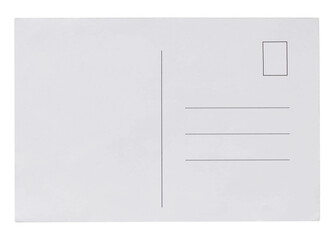 Back of white airmail blank postcard mockup isolated on transparent background. Post, correspondence, mail concept. Empty copy space, business template. Cut out graphic object.