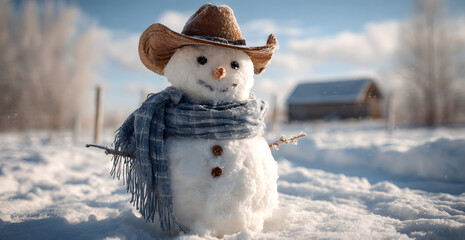 Happy snowman with scarf and cowboy hat, standing in winter christmas landscape.Snow background